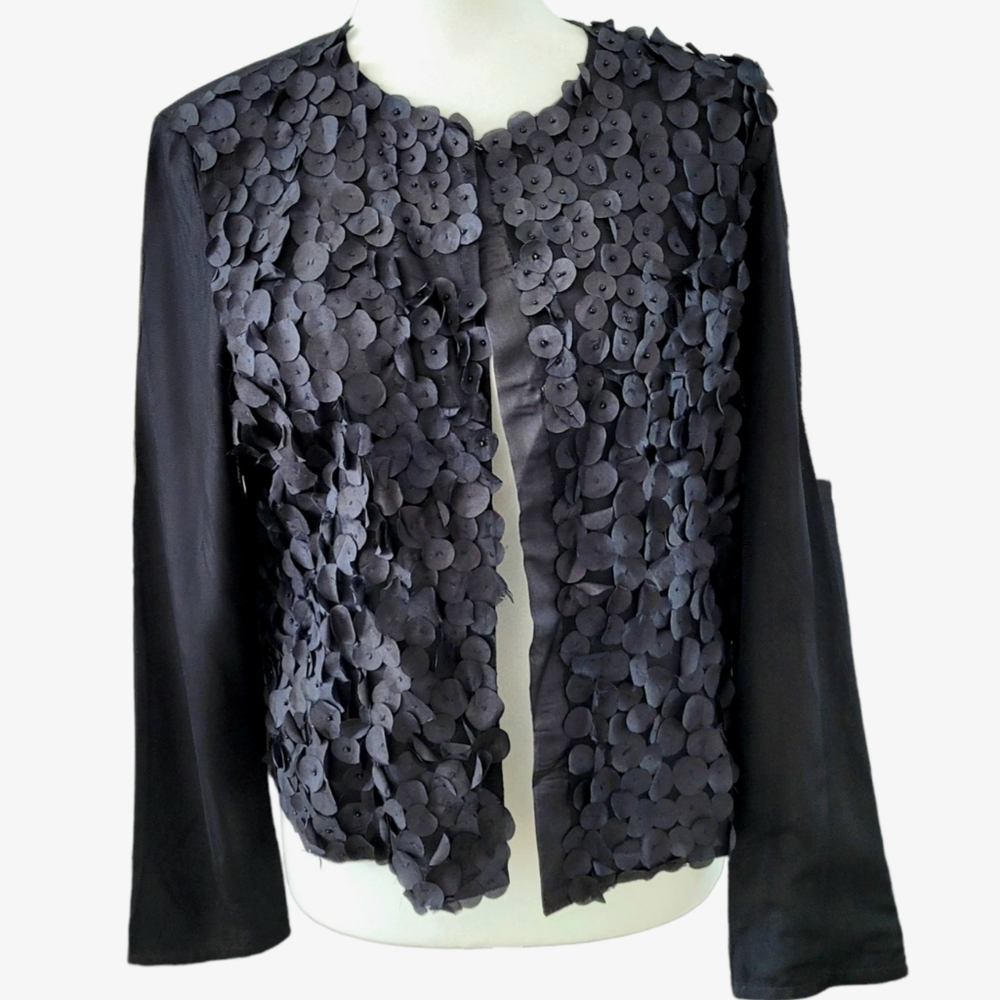 Women's Lightweight Bolero Jacket with Black Silky Rose Petals, siz S/M